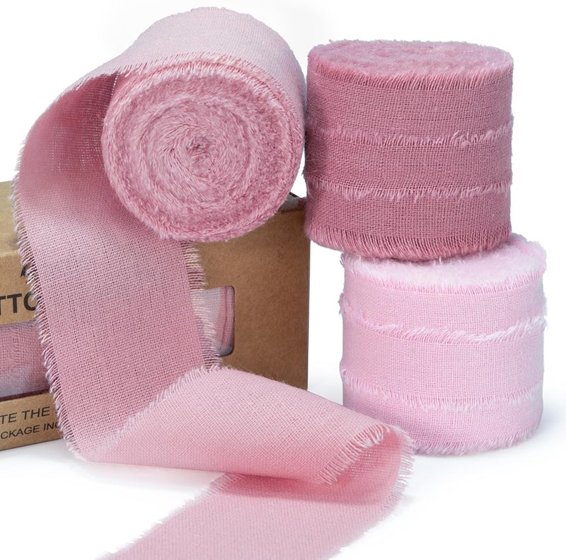 Keypan Dusty Rose Pink Ribbon 1-1/2 x 15 Yards Handmade Cotton Frayed Fringe Fabric Ribbons for Crafts Flower Bouquets Wedding Baby Shower Home DIY Decor - Image 1